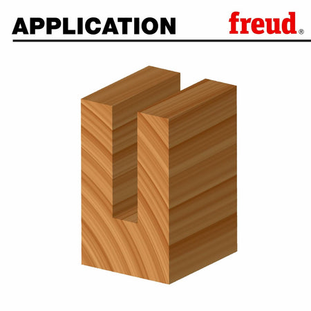An application diagram showing a clean, deep dado or groove cut into a block of wood by the router bit.