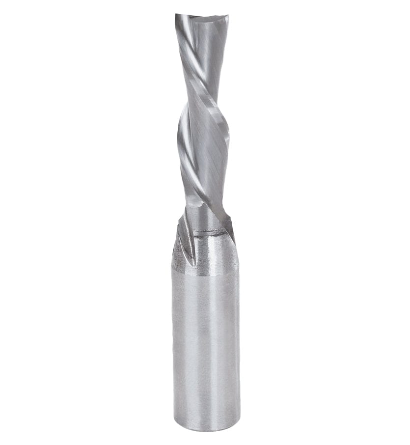 A studio product shot of the Freud 76-106 down-spiral router bit, featuring a solid carbide construction with a polished gunmetal finish on the shank and a sharp silver spiral cutting edge.