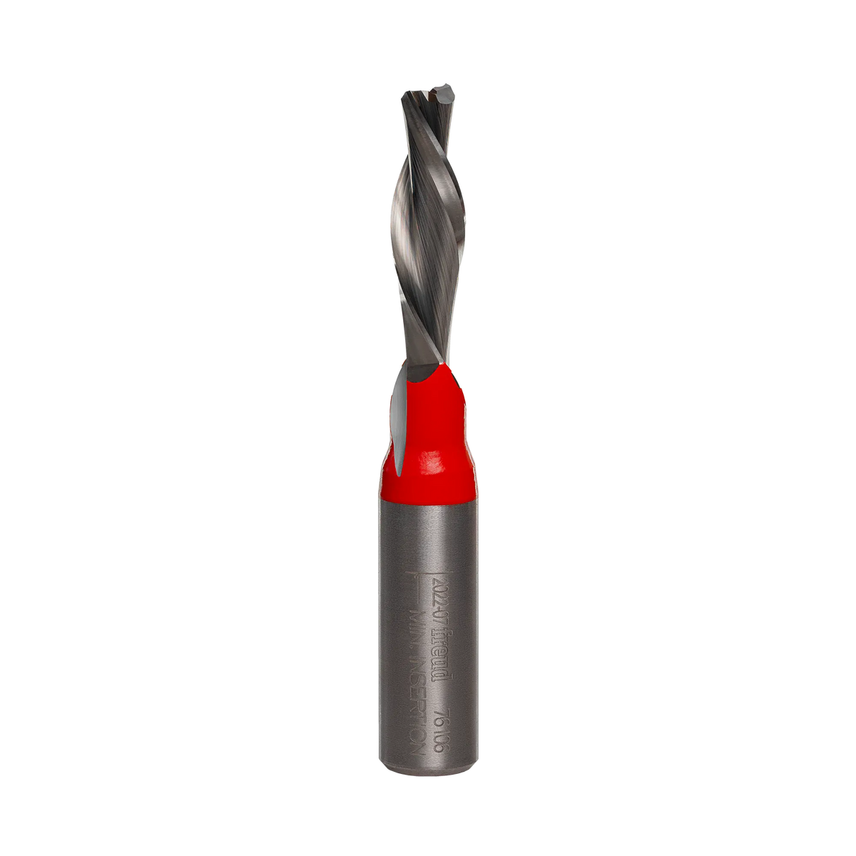 A studio product shot of the Freud 76-106 down-spiral router bit, featuring a solid carbide construction with a polished gunmetal finish on the shank and a sharp silver spiral cutting edge.