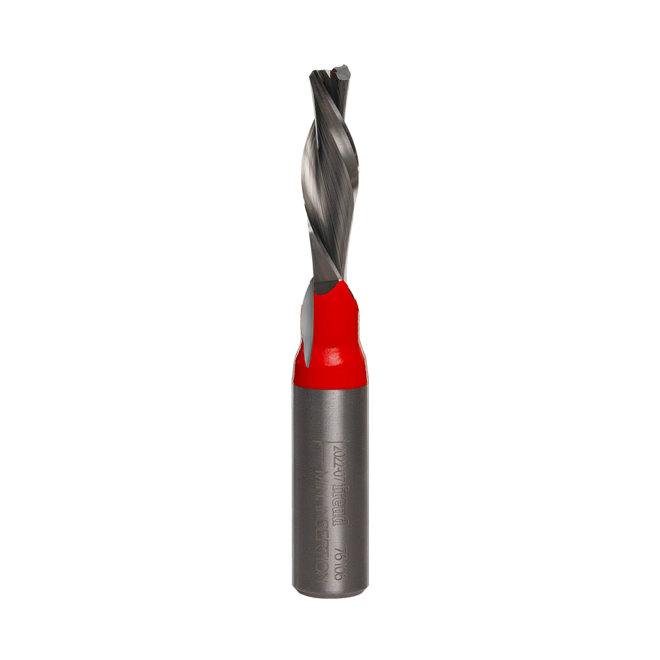 A studio product shot of the Freud 76-106 down-spiral router bit, featuring a solid carbide construction with a polished gunmetal finish on the shank and a sharp silver spiral cutting edge.