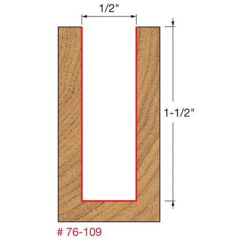 A technical diagram illustrating the cutting profile of the Freud 76-109 bit, showing a 1/2-inch wide and 1-1/2-inch deep vertical groove cut into a wood block.
