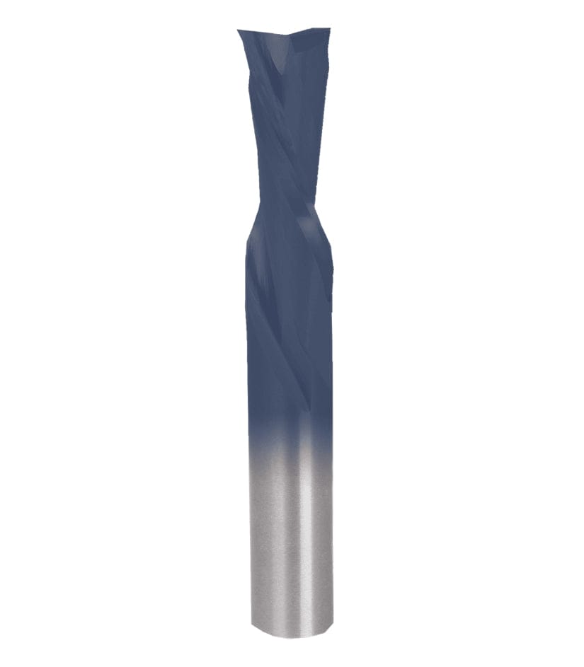 A studio product shot of the Freud 76-109 down-spiral router bit, featuring a solid carbide body with a polished silver shank and a dark blue-black coated spiral cutting edge.