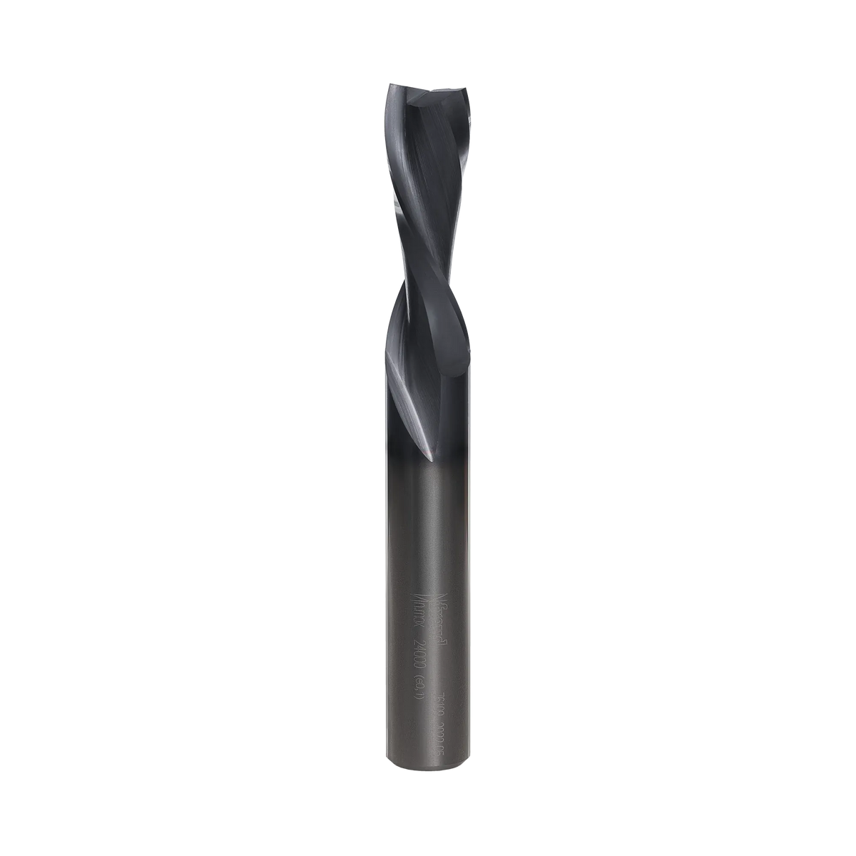A studio product shot of the Freud 76-109 down-spiral router bit, featuring a solid carbide body with a polished silver shank and a dark blue-black coated spiral cutting edge.