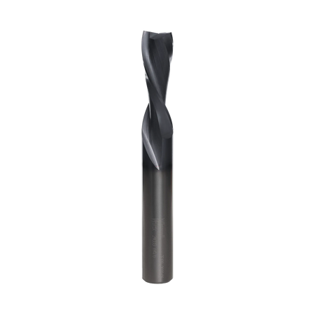 A studio product shot of the Freud 76-109 down-spiral router bit, featuring a solid carbide body with a polished silver shank and a dark blue-black coated spiral cutting edge.