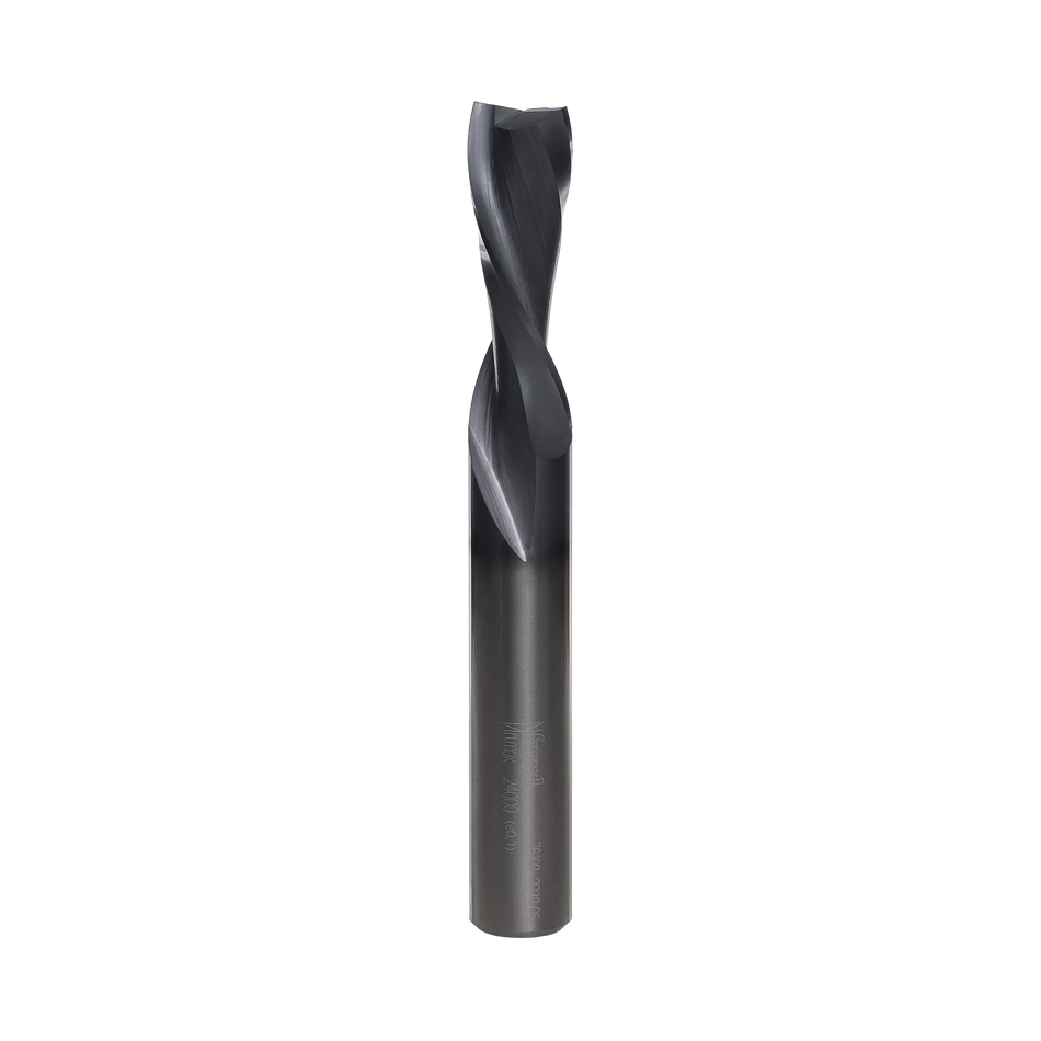 A studio product shot of the Freud 76-109 down-spiral router bit, featuring a solid carbide body with a polished silver shank and a dark blue-black coated spiral cutting edge.