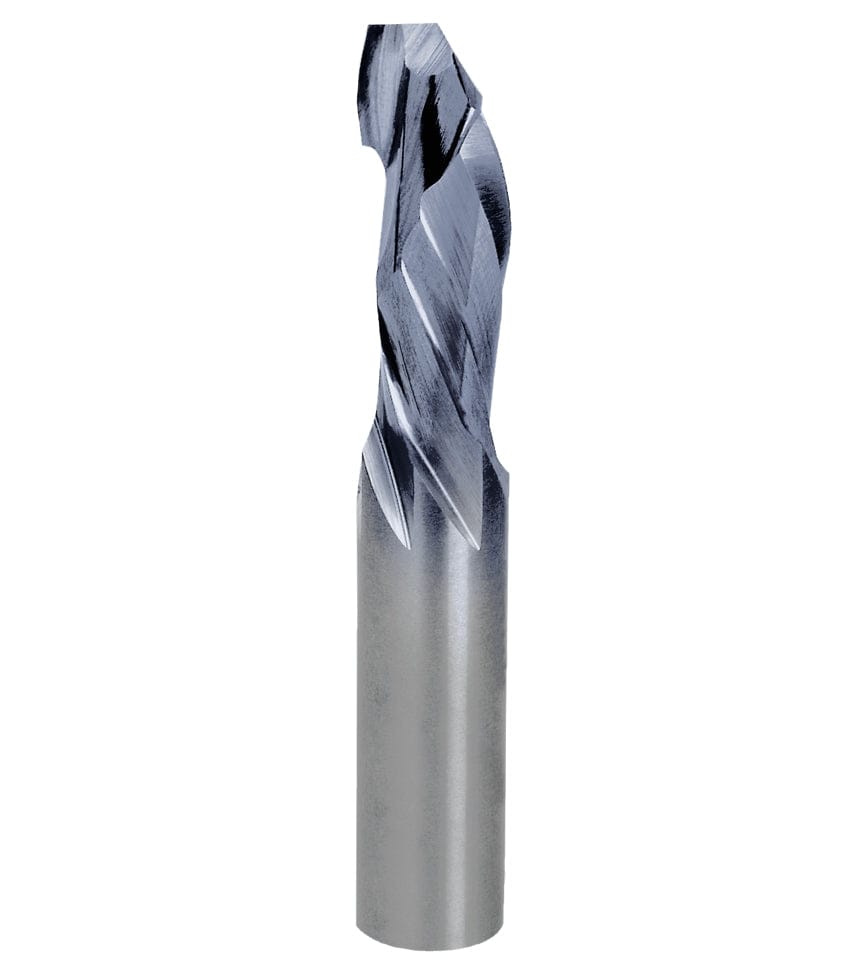 A studio product shot of the Freud 77-108 single-flute compression spiral router bit, featuring a solid carbide body with a polished silver shank and a dark blue-black coated spiral cutting tip designed for fast material removal.