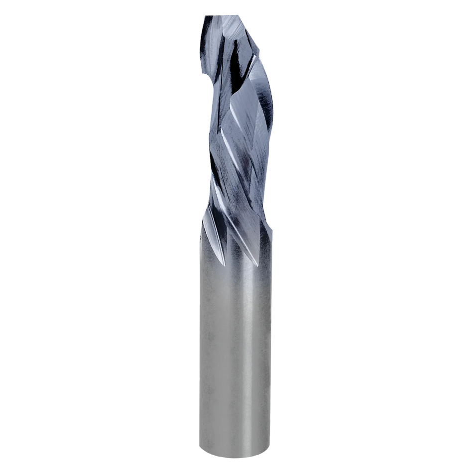 A studio product shot of the Freud 77-108 single-flute compression spiral router bit, featuring a solid carbide body with a polished silver shank and a dark blue-black coated spiral cutting tip designed for fast material removal.