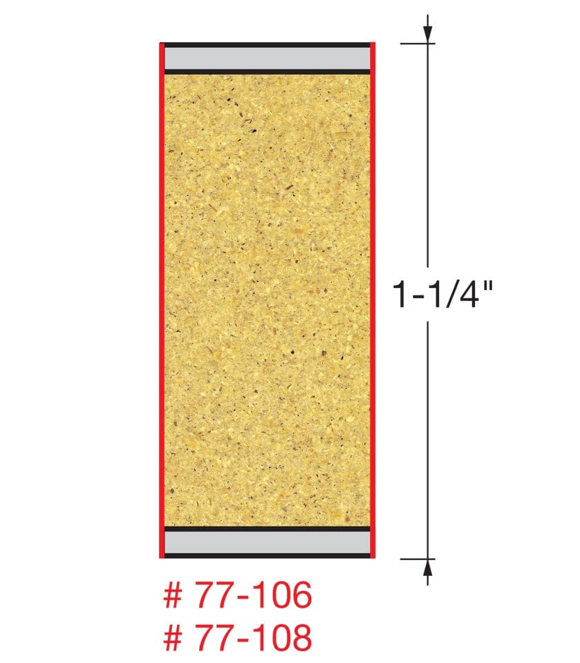 A technical diagram illustrating the cutting profile of the Freud 77-108 bit, showing a 1-1/4-inch deep vertical cut through a composite material core.