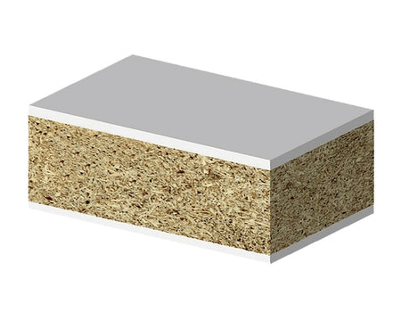 A 3D architectural sample of a double-sided melamine panel, showing a particle board core sandwiched between two white laminate top and bottom surfaces, indicating the bit's ideal application.