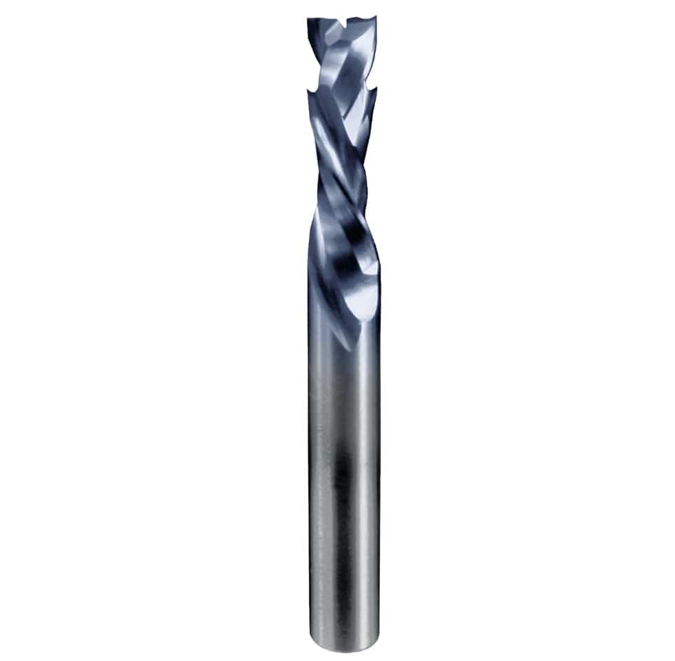 A cross-section view of a double-sided melamine panel with a light grey laminated top and bottom surface over a particle board core, illustrating the type of material the compression router bit is designed to cut.