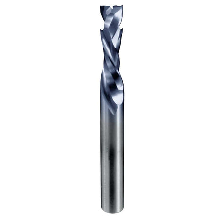 A cross-section view of a double-sided melamine panel with a light grey laminated top and bottom surface over a particle board core, illustrating the type of material the compression router bit is designed to cut.
