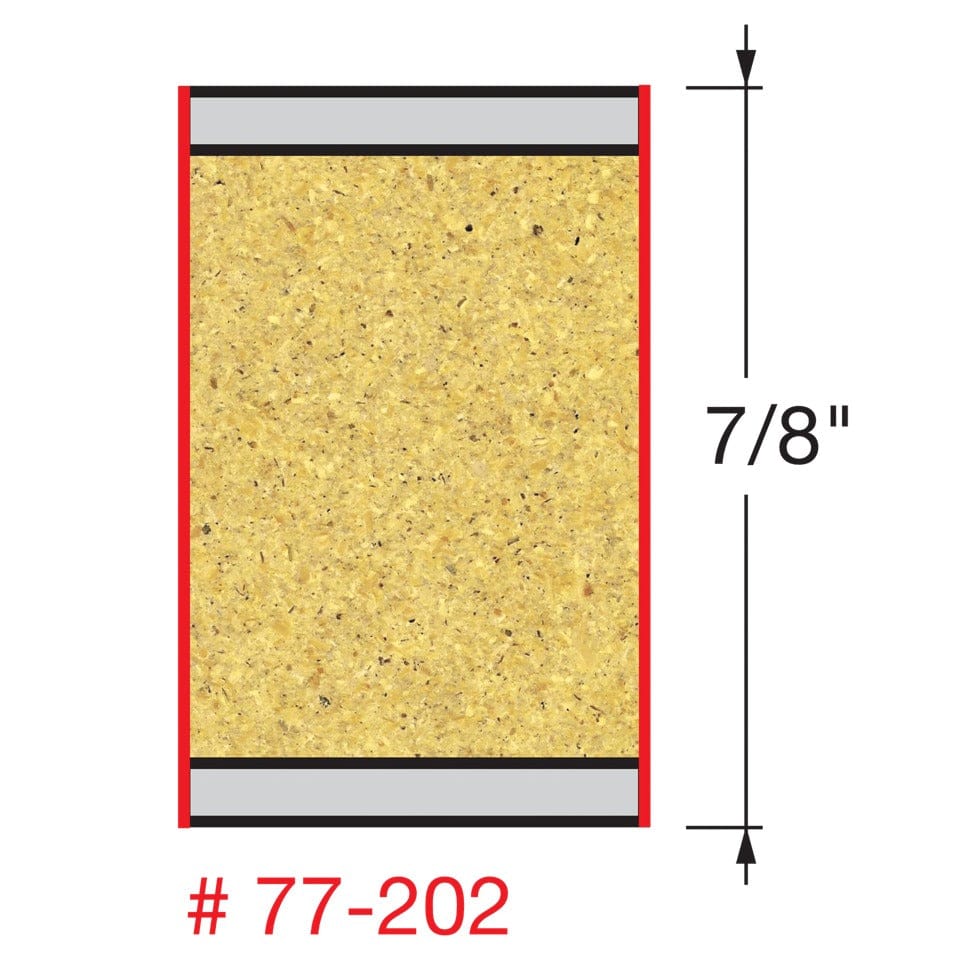 Technical diagram for Freud 77-202 showing a vertical cross-section of double-sided material with a 7/8 inch height measurement indicated by a dimension line, highlighting the bit's compression cutting zone.