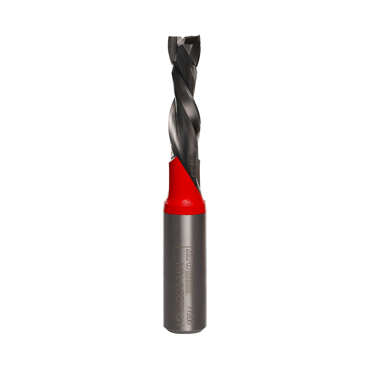 A close-up view of the Freud 77-206 double compression spiral router bit at an angle, featuring a silver carbide body, a red-coated neck section, and laser-etched model information on the shank.