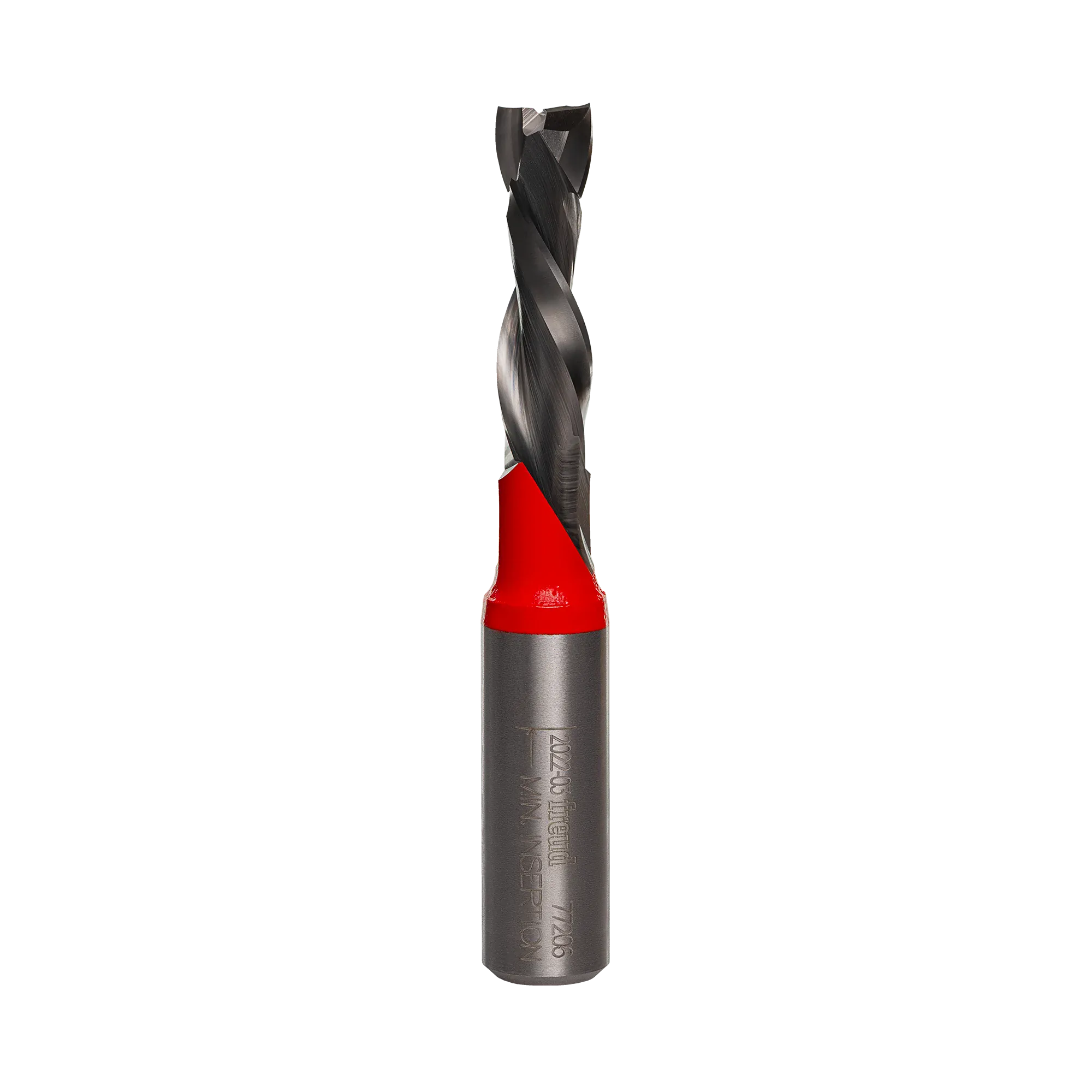 A close-up view of the Freud 77-206 double compression spiral router bit at an angle, featuring a silver carbide body, a red-coated neck section, and laser-etched model information on the shank.