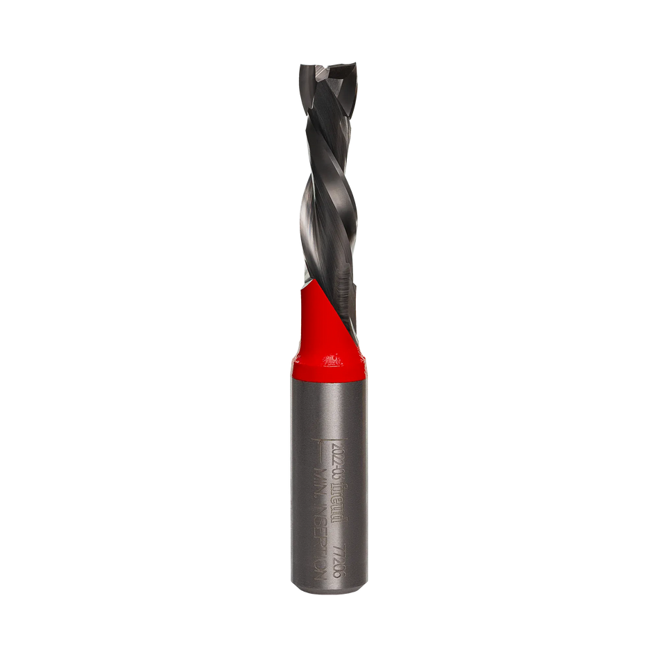 A close-up view of the Freud 77-206 double compression spiral router bit at an angle, featuring a silver carbide body, a red-coated neck section, and laser-etched model information on the shank.
