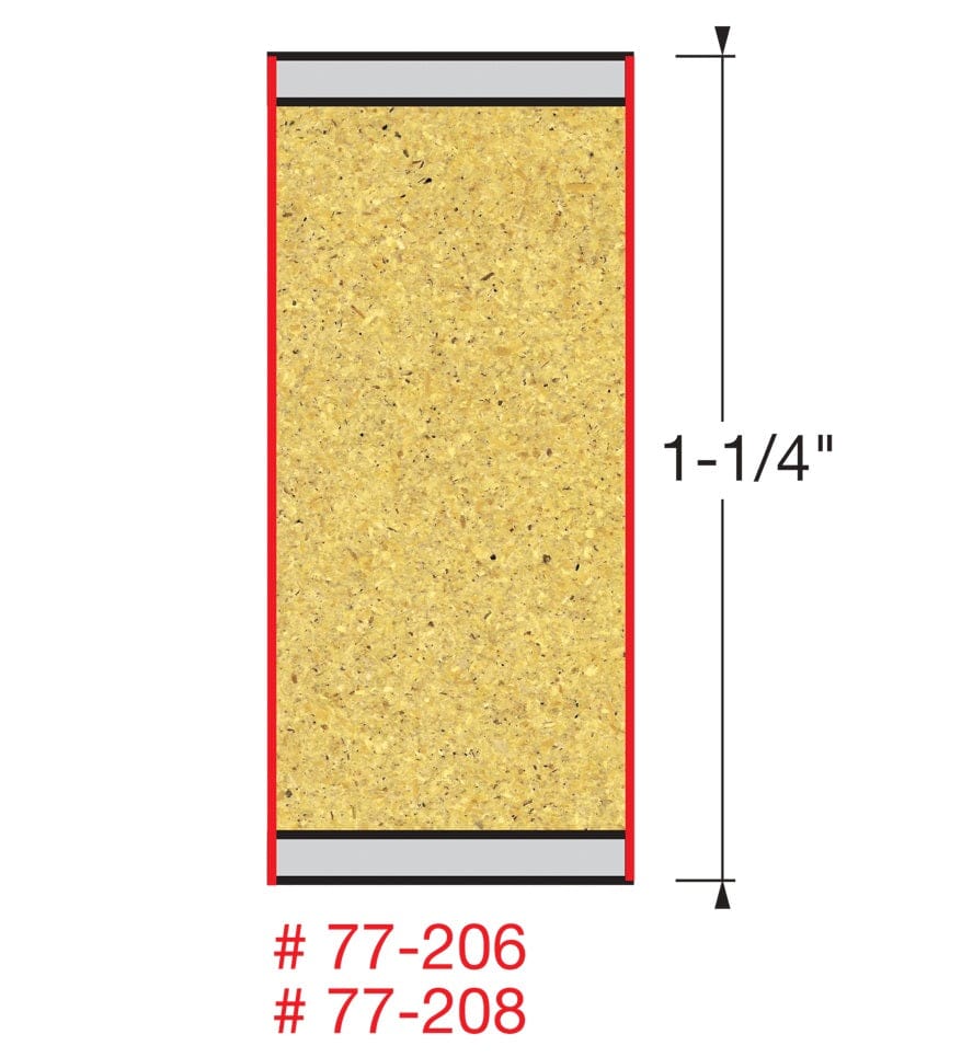 A technical illustration of a material cross-section with a 1-1/4-inch height dimension indicated, specifically labeled for Freud bit models 77-206 and 77-208 to show their maximum material thickness capacity.