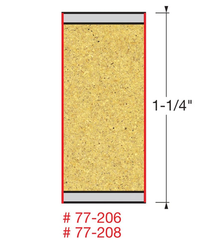 A technical illustration of a material cross-section with a 1-1/4-inch height dimension indicated, specifically labeled for Freud bit models 77-206 and 77-208 to show their maximum material thickness capacity.