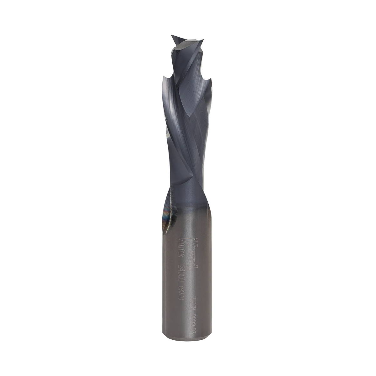 Straight profile view of the Freud 1/2-inch double compression solid carbide router bit highlighting the up-shear and down-shear spiral flute design.