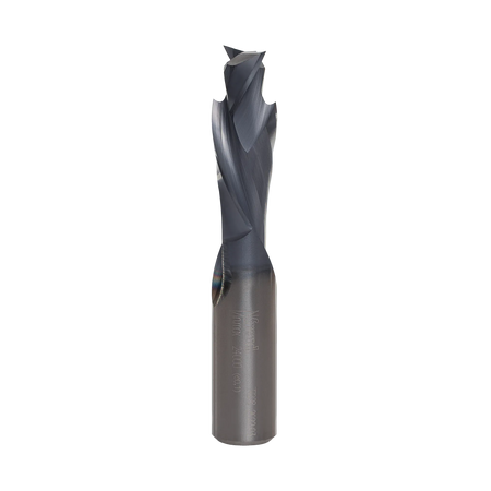 Straight profile view of the Freud 1/2-inch double compression solid carbide router bit highlighting the up-shear and down-shear spiral flute design.