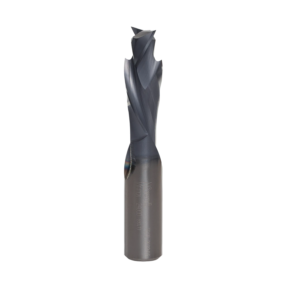 Straight profile view of the Freud 1/2-inch double compression solid carbide router bit highlighting the up-shear and down-shear spiral flute design.