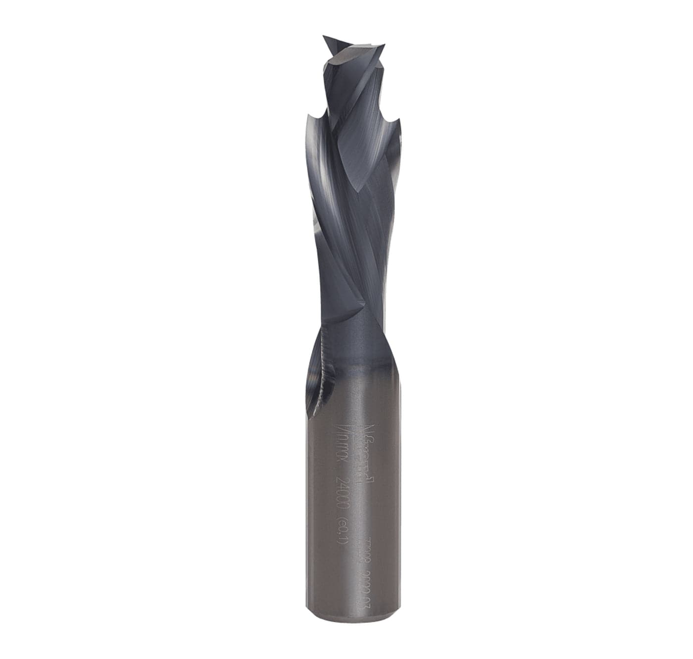 Straight profile view of the Freud 1/2-inch double compression solid carbide router bit highlighting the up-shear and down-shear spiral flute design.