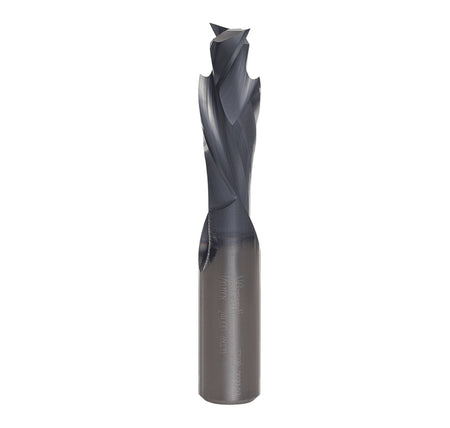 Straight profile view of the Freud 1/2-inch double compression solid carbide router bit highlighting the up-shear and down-shear spiral flute design.