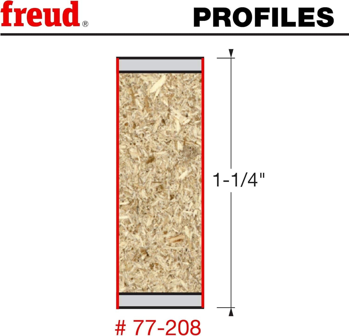 Woodworking profile diagram illustrating the 1-1/4-inch maximum cutting height of the Freud 77-208 double compression router bit in composite material.