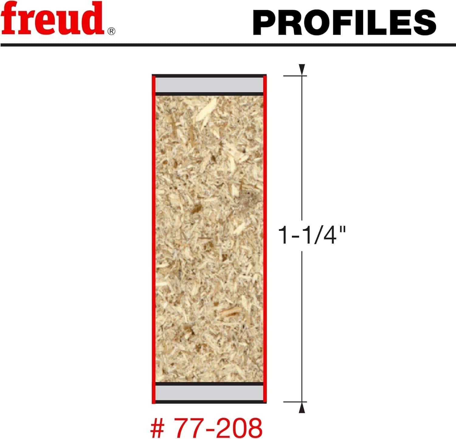 Woodworking profile diagram illustrating the 1-1/4-inch maximum cutting height of the Freud 77-208 double compression router bit in composite material.
