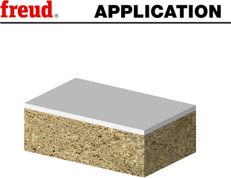 Application graphic demonstrating the Freud double compression solid carbide router bit producing a clean, chip-free edge on double-sided melamine laminate.