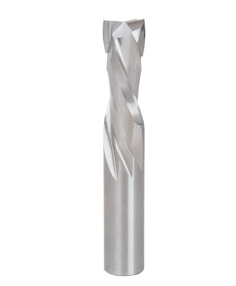 This is a close-up, vertical shot of a shiny, metallic router bit. It has a spiraling, flute-like design along its length, resembling a drill bit.