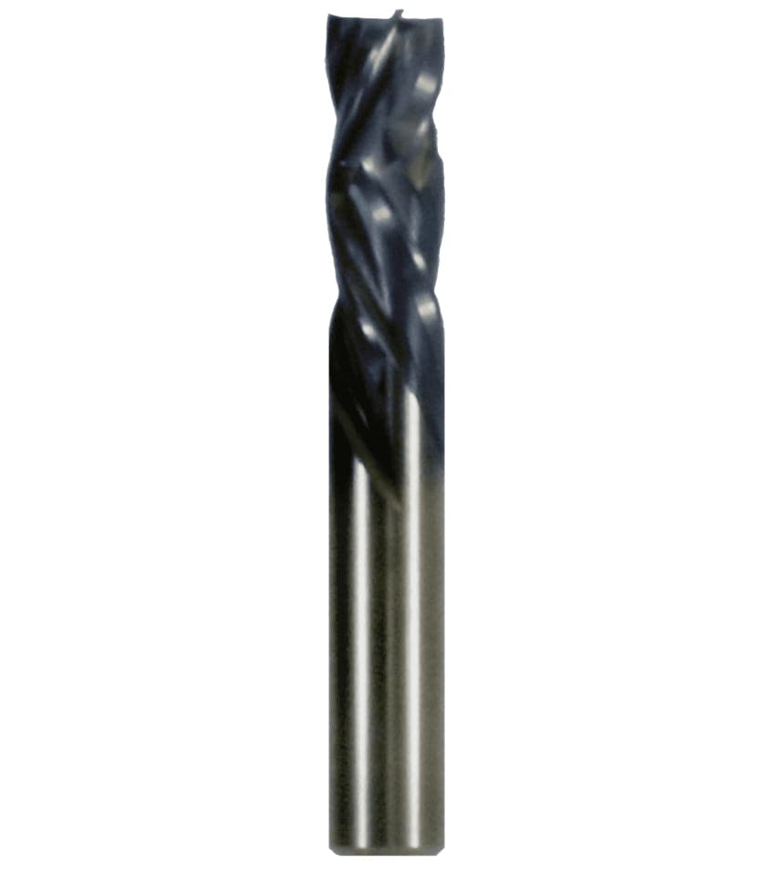 A studio product shot of the Freud 77-210 double compression spiral router bit, featuring a solid carbide body with a polished silver shank and a dark blue-black coated spiral cutting edge.