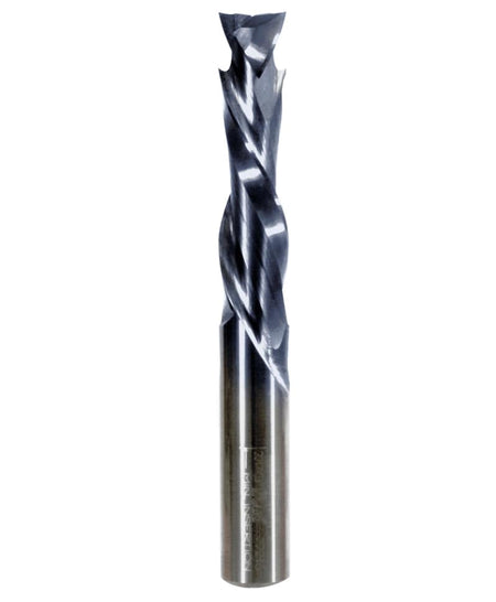 A studio product shot of the Freud 77-216 double compression spiral router bit, featuring a solid carbide body with a polished silver shank and a dark blue-black coated compression spiral cutting edge.