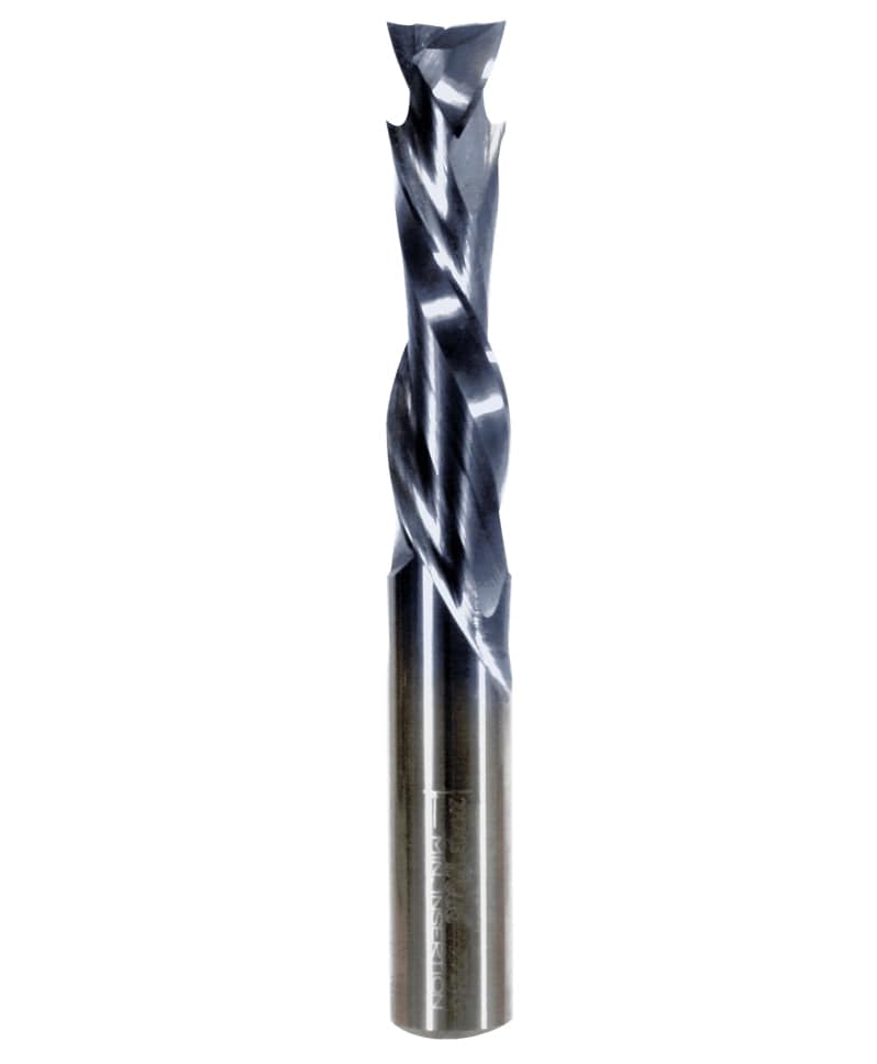 A studio product shot of the Freud 77-216 double compression spiral router bit, featuring a solid carbide body with a polished silver shank and a dark blue-black coated compression spiral cutting edge.