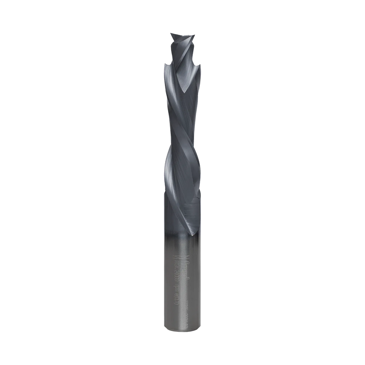 A studio product shot of the Freud 77-216 double compression spiral router bit, featuring a solid carbide body with a polished silver shank and a dark blue-black coated compression spiral cutting edge.