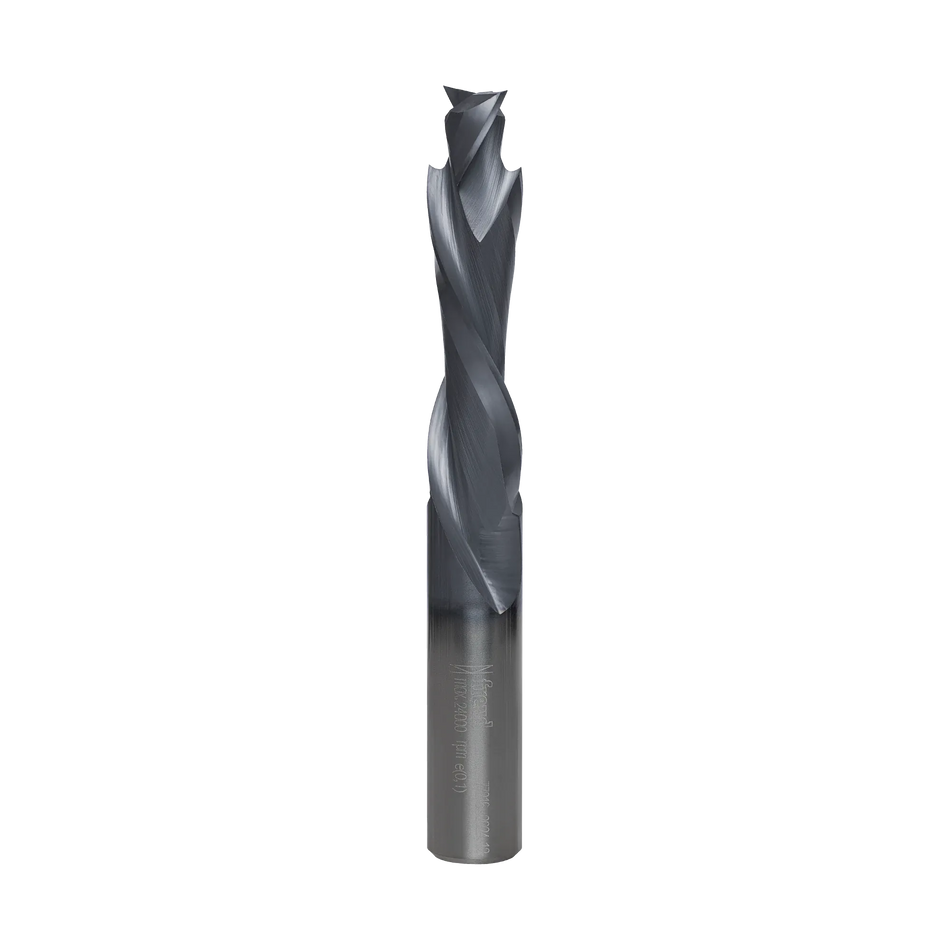 A studio product shot of the Freud 77-216 double compression spiral router bit, featuring a solid carbide body with a polished silver shank and a dark blue-black coated compression spiral cutting edge.