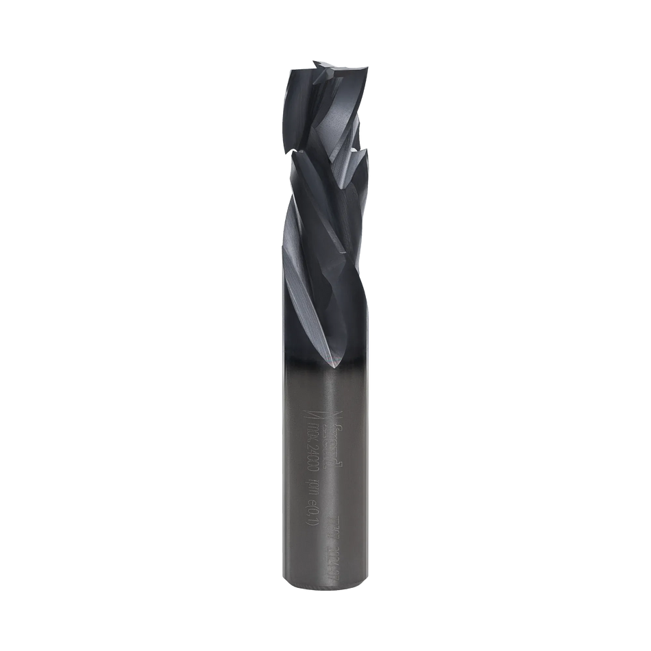 A studio product shot of the Freud 77-307 triple flute compression spiral router bit, featuring a polished silver 1/2-inch shank and a dark blue-black coated cutting head with triple-flute compression geometry for splinter-free finishes on double-sided materials.
