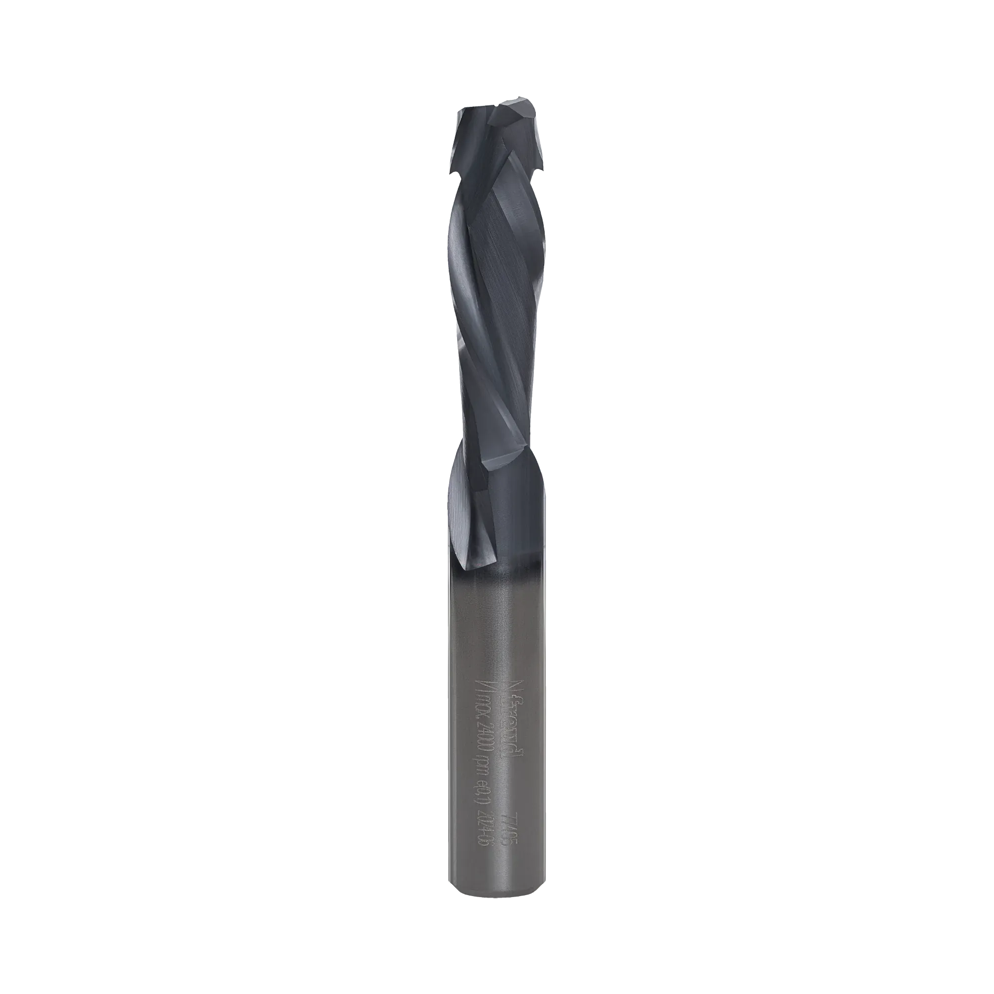 A professional studio shot of the Freud 77-405 solid carbide mortise compression spiral router bit, showing the specialized 3/8 inch shank and the unique two-flute cutting geometry designed for chip-free mortising in double-sided materials.