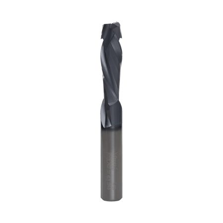 A professional studio shot of the Freud 77-405 solid carbide mortise compression spiral router bit, showing the specialized 3/8 inch shank and the unique two-flute cutting geometry designed for chip-free mortising in double-sided materials.