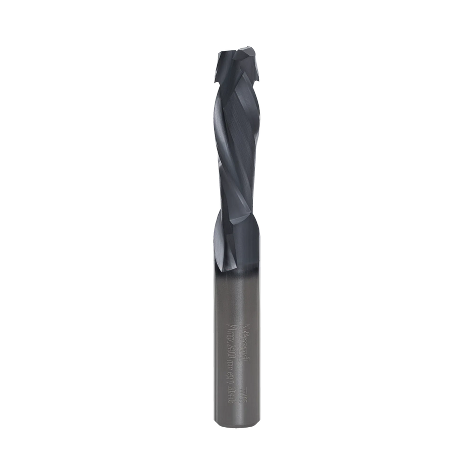 A professional studio shot of the Freud 77-405 solid carbide mortise compression spiral router bit, showing the specialized 3/8 inch shank and the unique two-flute cutting geometry designed for chip-free mortising in double-sided materials.