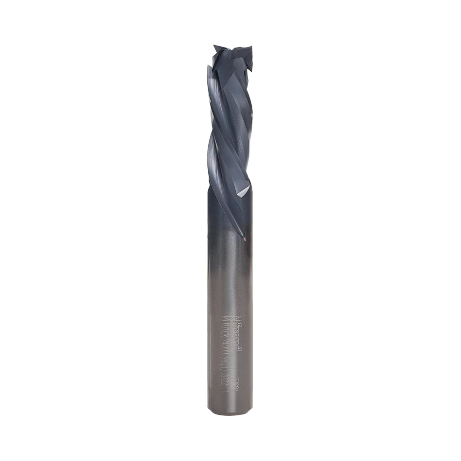 A studio product shot of the Freud 77-604 three-flute mortise compression spiral router bit, featuring a solid carbide body with a polished silver shank and a dark blue-black coated spiral cutting tip.