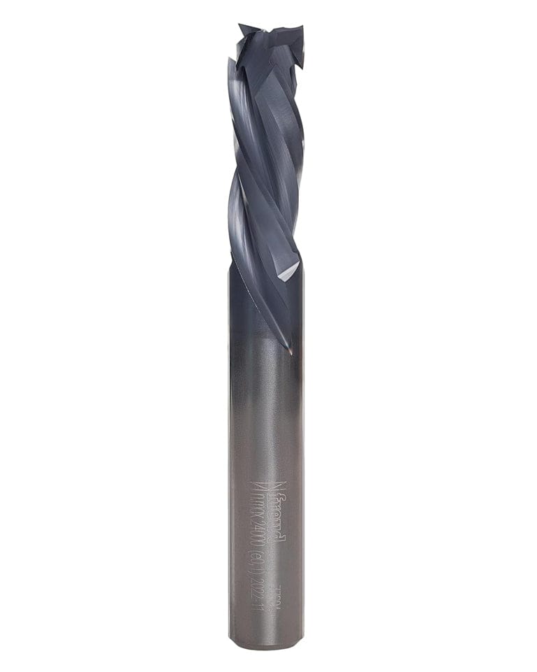 A studio product shot of the Freud 77-604 three-flute mortise compression spiral router bit, featuring a solid carbide body with a polished silver shank and a dark blue-black coated spiral cutting tip.