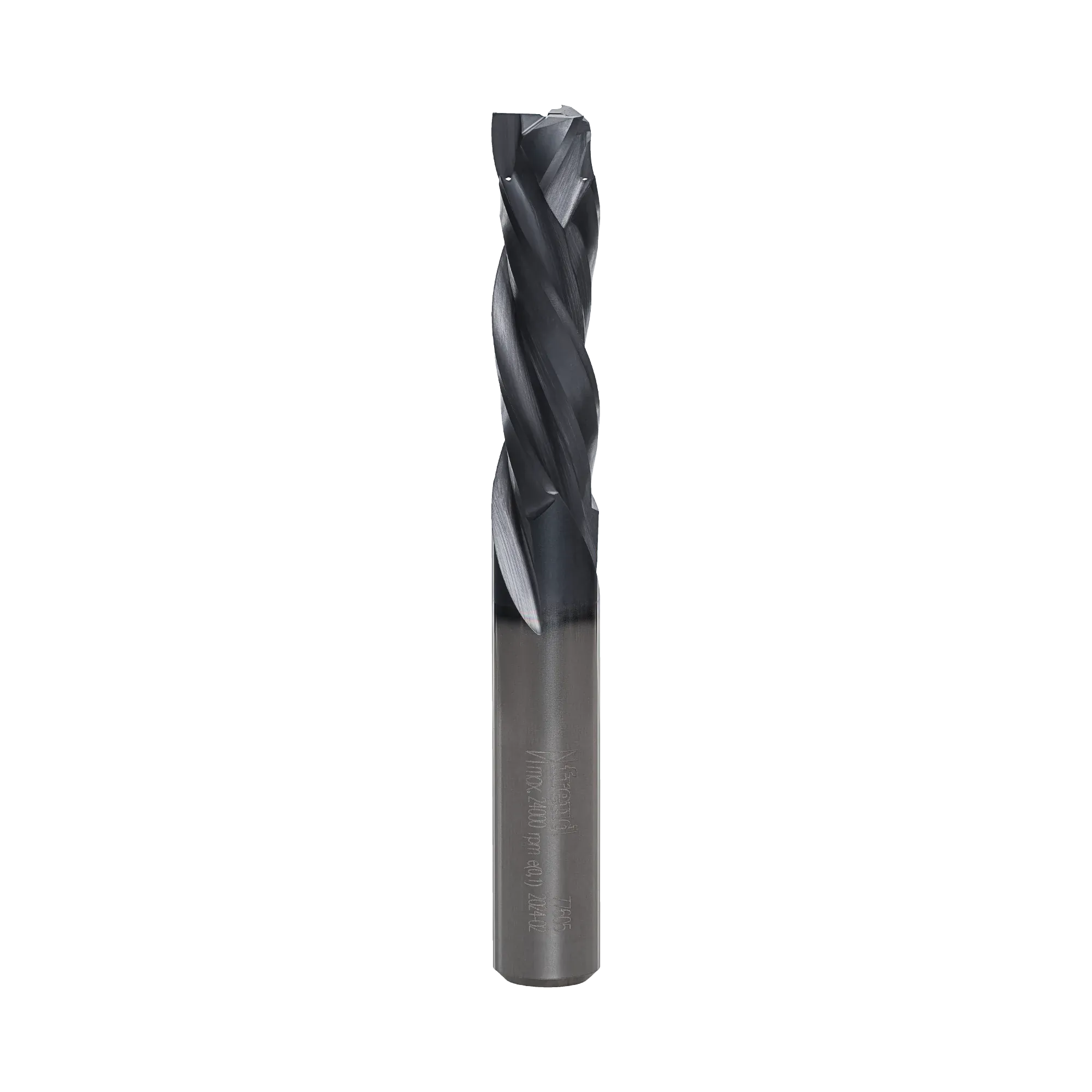 A studio product shot of the Freud 77-605 three-flute mortise compression spiral router bit, featuring a solid carbide body with a polished silver shank and a dark blue-black coated spiral cutting tip.