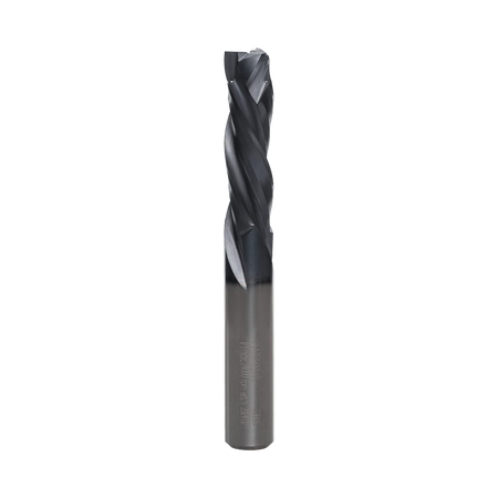A studio product shot of the Freud 77-605 three-flute mortise compression spiral router bit, featuring a solid carbide body with a polished silver shank and a dark blue-black coated spiral cutting tip.