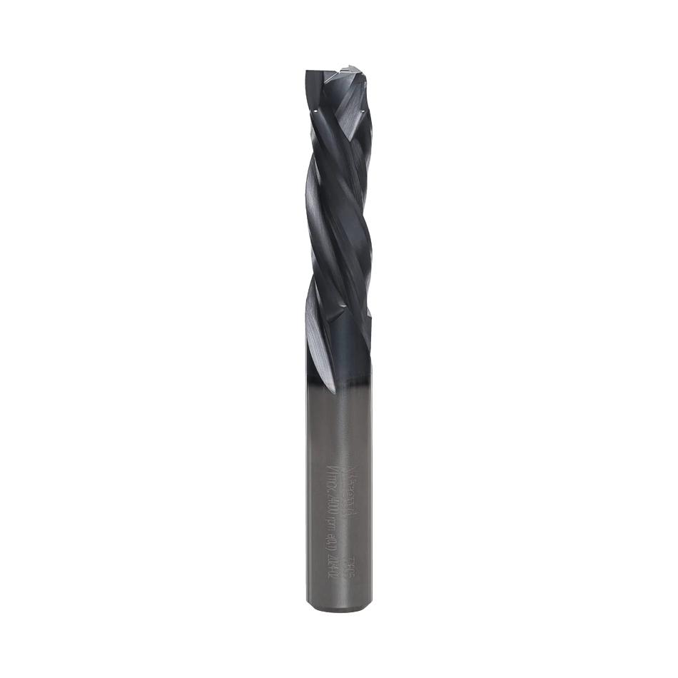 A studio product shot of the Freud 77-605 three-flute mortise compression spiral router bit, featuring a solid carbide body with a polished silver shank and a dark blue-black coated spiral cutting tip.