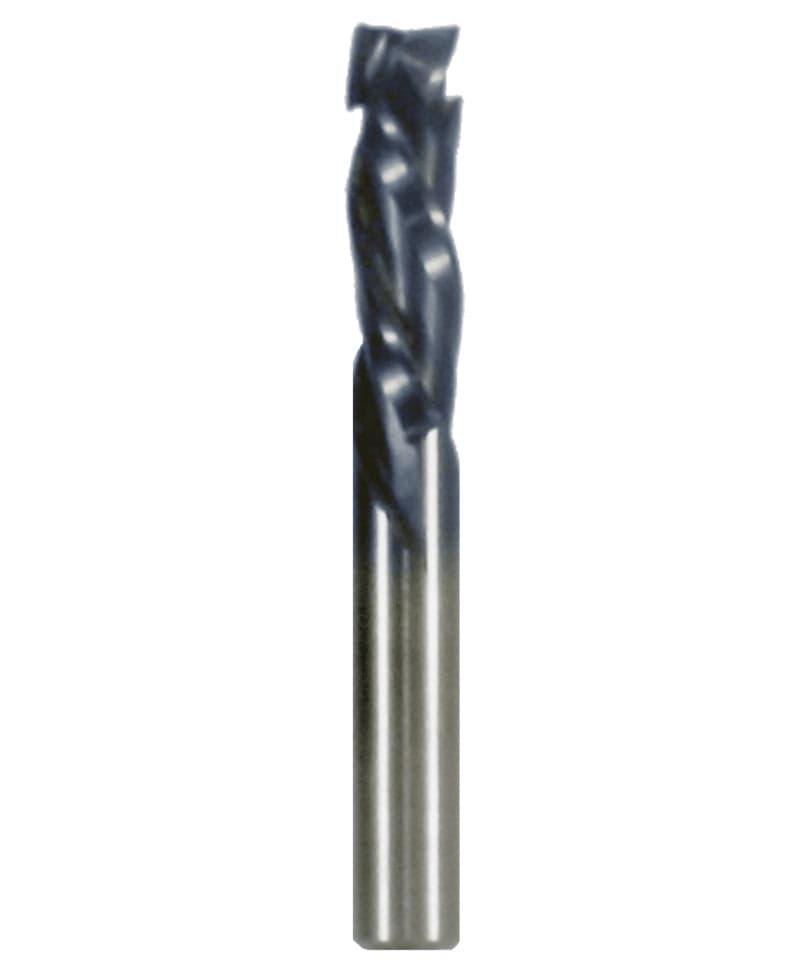 A studio product shot of the Freud 77-605 three-flute mortise compression spiral router bit, featuring a solid carbide body with a polished silver shank and a dark blue-black coated spiral cutting tip.