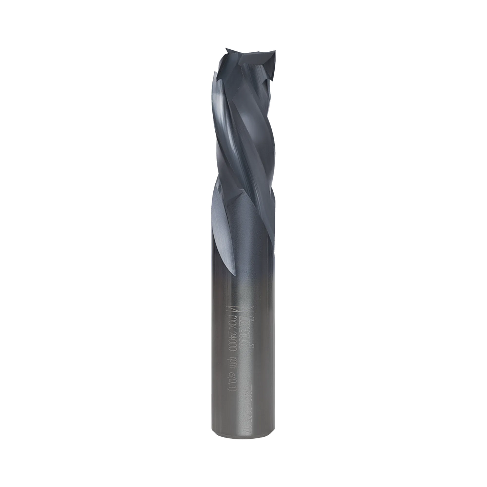 A studio product shot of the Freud 77-608 three-flute mortise compression spiral router bit, featuring a solid carbide body with a polished silver shank and a dark blue-black coated spiral cutting tip.