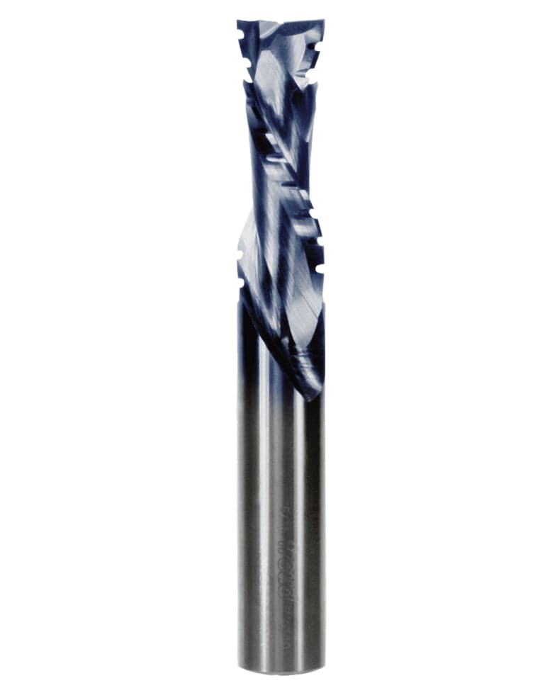 A studio product shot of the Freud 77-610 two-flute mortise compression spiral router bit, featuring a solid carbide body with a polished silver shank and a dark blue-black coated spiral cutting tip with distinctive compression notches.
