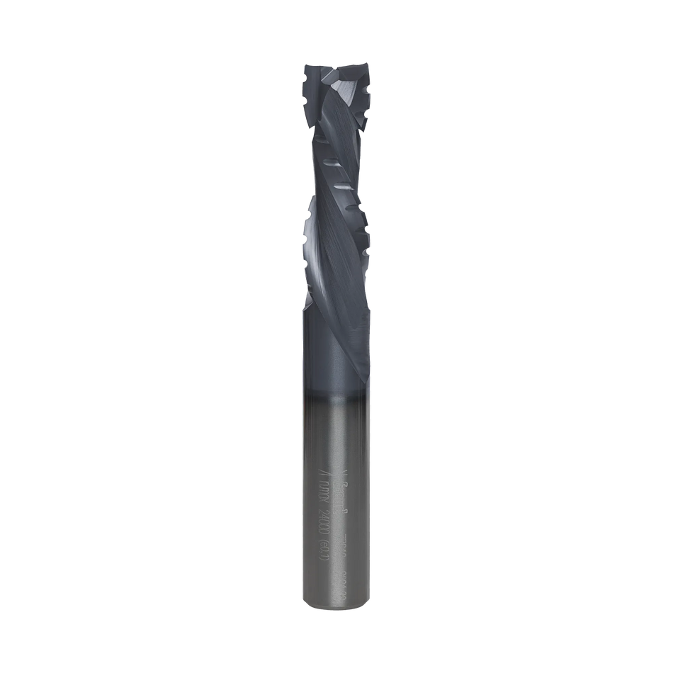 A studio product shot of the Freud 77-610 two-flute mortise compression spiral router bit, featuring a solid carbide body with a polished silver shank and a dark blue-black coated spiral cutting tip with distinctive compression notches.
