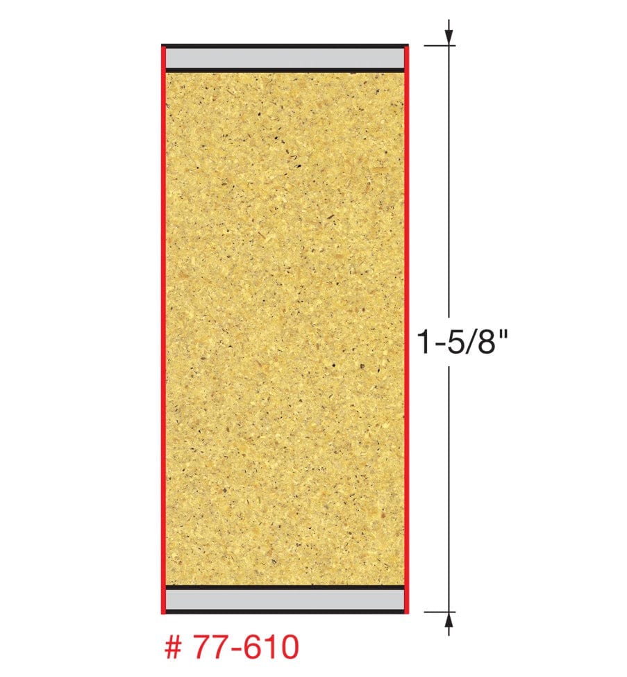 A technical diagram illustrating the cutting profile of the Freud 77-610 bit, showing a 1-5/8-inch deep vertical cut through a composite material core with grey laminate surfaces.