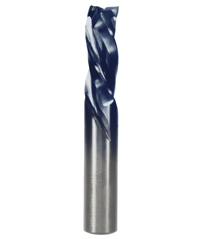 A studio product shot of the Freud 77-620 three-flute mortise compression spiral router bit, featuring a solid carbide body with a polished silver shank and a dark blue-black coated spiral cutting tip.